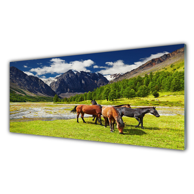 Plexiglas® Wall Art Mountain trees horses animals grey green brown black