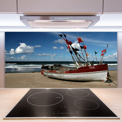 Kitchen Splashback Sea beach boat landscape blue red white brown