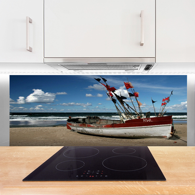 Kitchen Splashback Sea beach boat landscape blue red white brown