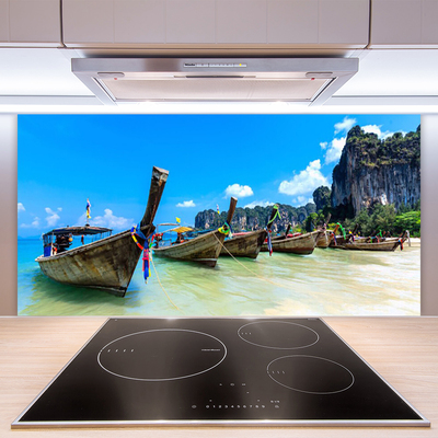 Kitchen Splashback Boats sea beach landscape blue grey