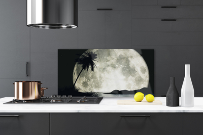 Kitchen Splashback Night moon palm landscape black grey white