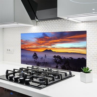 Kitchen Splashback Trees fog landscape yellow white black