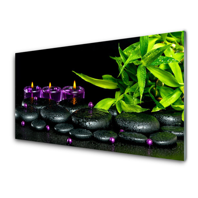 Kitchen Splashback Candle stones leaves art black green purple