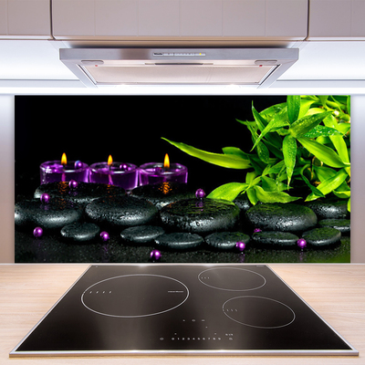 Kitchen Splashback Candle stones leaves art black green purple