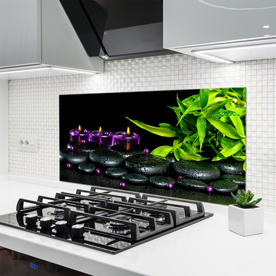 Kitchen Splashback Candle stones leaves art black green purple