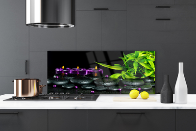 Kitchen Splashback Candle stones leaves art black green purple