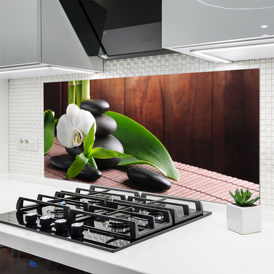 Kitchen Splashback Flower stones leaves floral white black green