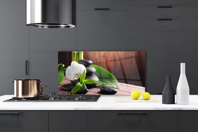 Kitchen Splashback Flower stones leaves floral white black green