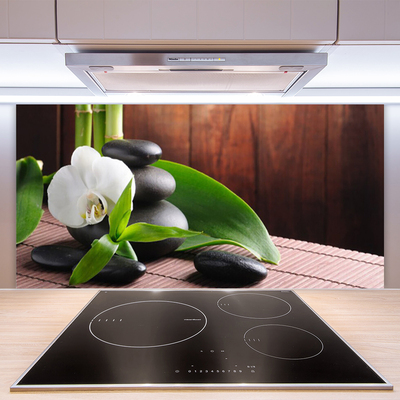 Kitchen Splashback Flower stones leaves floral white black green