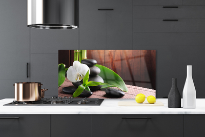 Kitchen Splashback Flower stones leaves floral white black green