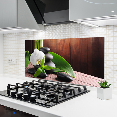 Kitchen Splashback Flower stones leaves floral white black green