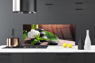 Kitchen Splashback Flower stones leaves floral white black green