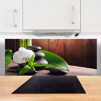 Kitchen Splashback Flower stones leaves floral white black green