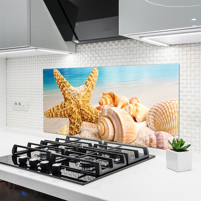 Kitchen Splashback Starfish shells art yellow white