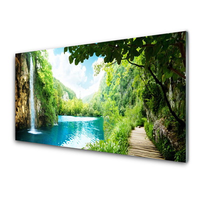 Kitchen Splashback Waterfall lake trees nature white blue brown green