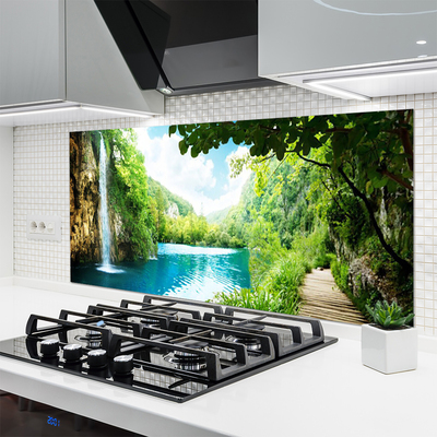 Kitchen Splashback Waterfall lake trees nature white blue brown green