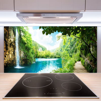 Kitchen Splashback Waterfall lake trees nature white blue brown green