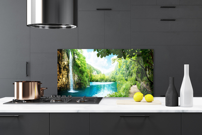 Kitchen Splashback Waterfall lake trees nature white blue brown green