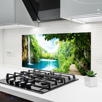 Kitchen Splashback Waterfall lake trees nature white blue brown green