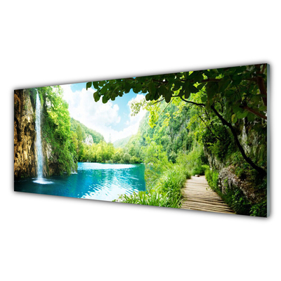 Kitchen Splashback Waterfall lake trees nature white blue brown green