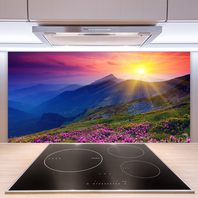 Kitchen Splashback Mountains flower meadow landscape blue pink green yellow