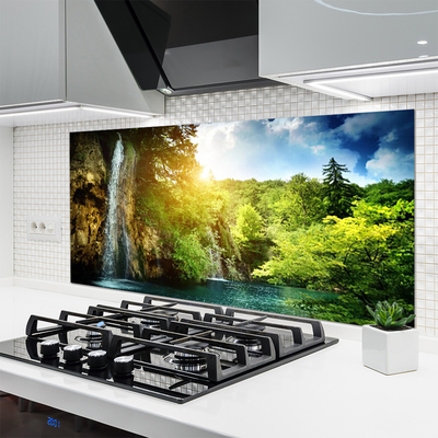 Kitchen Splashback Waterfall trees landscape blue white green brown