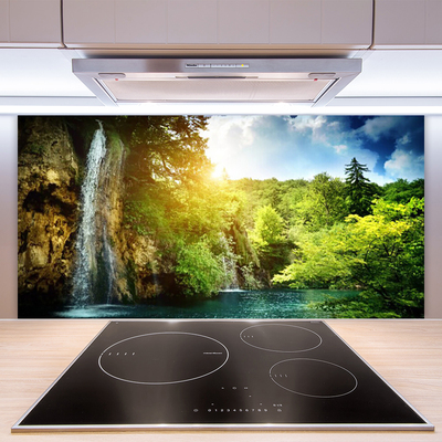 Kitchen Splashback Waterfall trees landscape blue white green brown