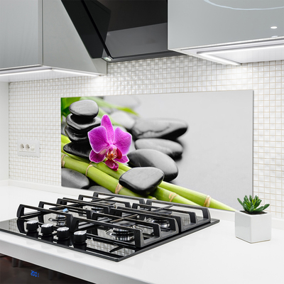 Kitchen Splashback Bamboo tube flower stones art green pink black