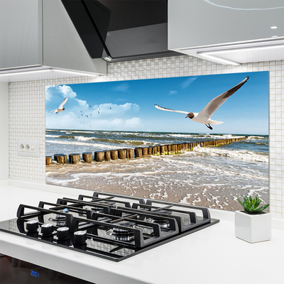 Kitchen Splashback Seagulls sea landscape grey blue white