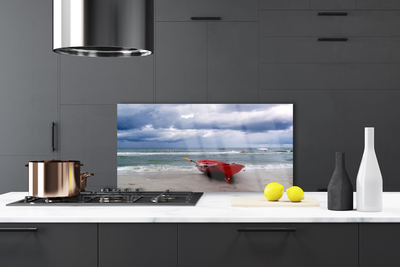 Kitchen Splashback Boat beach sea landscape red grey blue