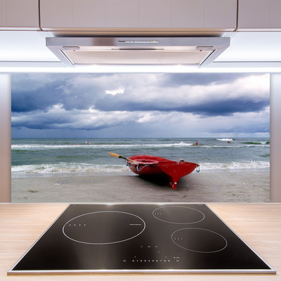 Kitchen Splashback Boat beach sea landscape red grey blue