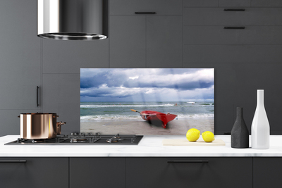 Kitchen Splashback Boat beach sea landscape red grey blue