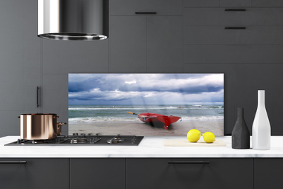 Kitchen Splashback Boat beach sea landscape red grey blue