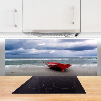 Kitchen Splashback Boat beach sea landscape red grey blue