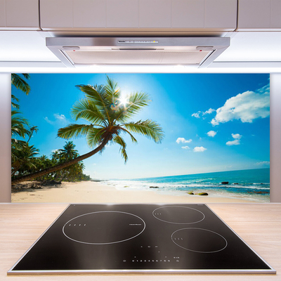 Kitchen Splashback Palm tree beach sea landscape brown green blue