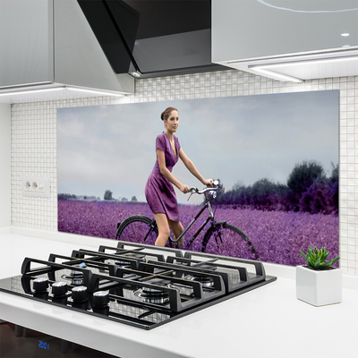 Kitchen Splashback Woman bicycle meadow people pink