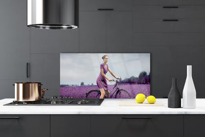 Kitchen Splashback Woman bicycle meadow people pink