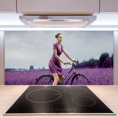 Kitchen Splashback Woman bicycle meadow people pink