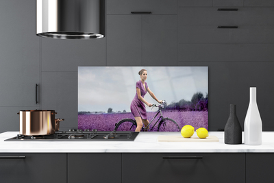 Kitchen Splashback Woman bicycle meadow people pink