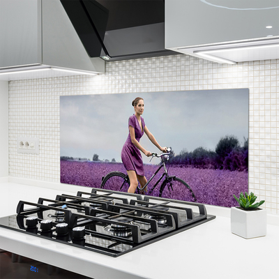 Kitchen Splashback Woman bicycle meadow people pink