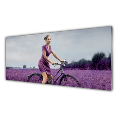 Kitchen Splashback Woman bicycle meadow people pink