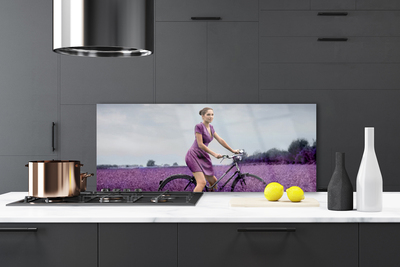 Kitchen Splashback Woman bicycle meadow people pink