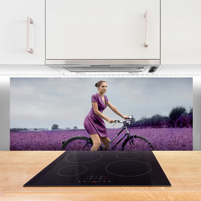 Kitchen Splashback Woman bicycle meadow people pink