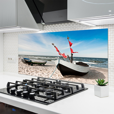 Kitchen Splashback Boats beach landscape white black brown blue