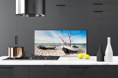 Kitchen Splashback Boats beach landscape white black brown blue