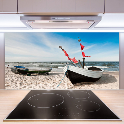 Kitchen Splashback Boats beach landscape white black brown blue