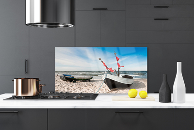 Kitchen Splashback Boats beach landscape white black brown blue