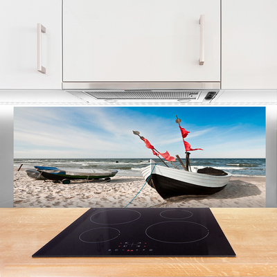 Kitchen Splashback Boats beach landscape white black brown blue