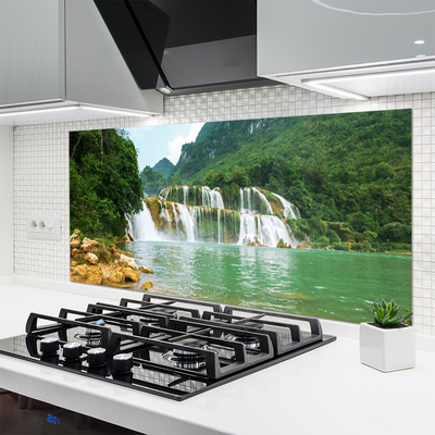 Kitchen Splashback Forest waterfall landscape brown green white blue