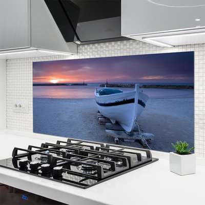 Kitchen Splashback Boat beach sea sun landscape white black yellow grey